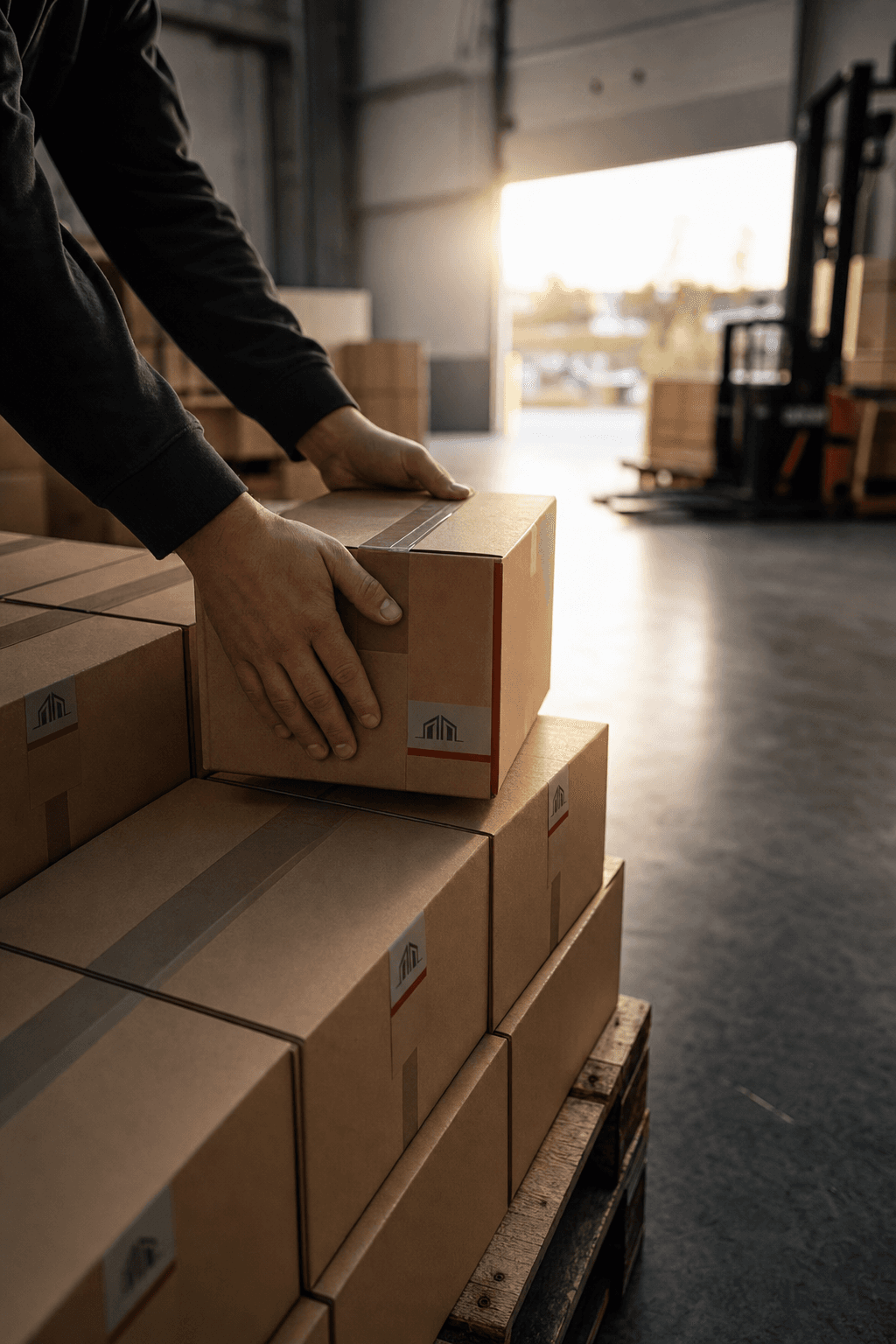 Hands carefully placing a labeled carton onto a pallet in a sunlit warehouse, capturing the quiet precision of Konsey Logistics fulfillment operations