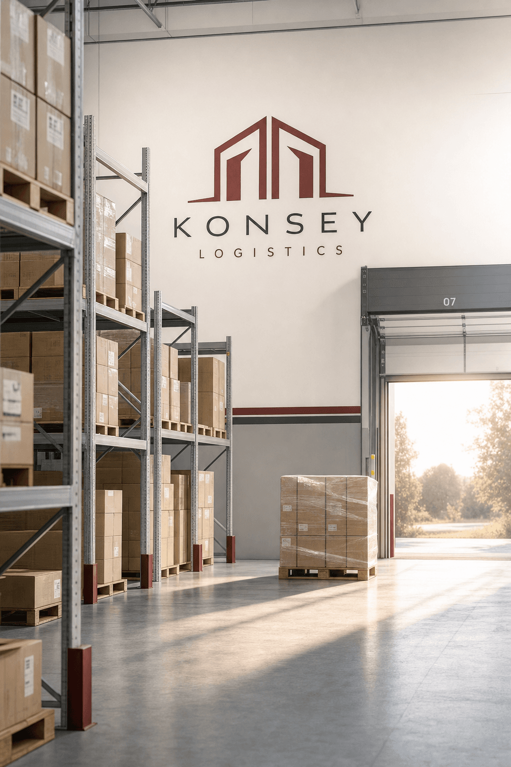 Calm, airy warehouse interior with organized shelving and a wrapped pallet by a sunlit dock door