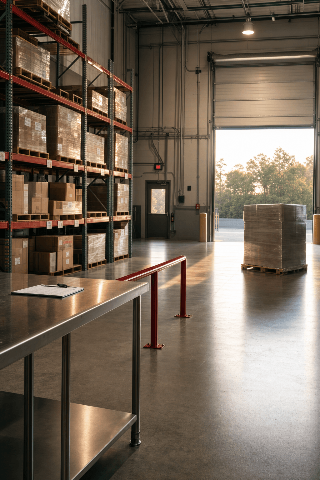 Sunlit warehouse interior on a quiet Sunday in Cinnaminson — still, organized, and ready for the week ahead. Warm late-July light across a clean fulfillment center floor.