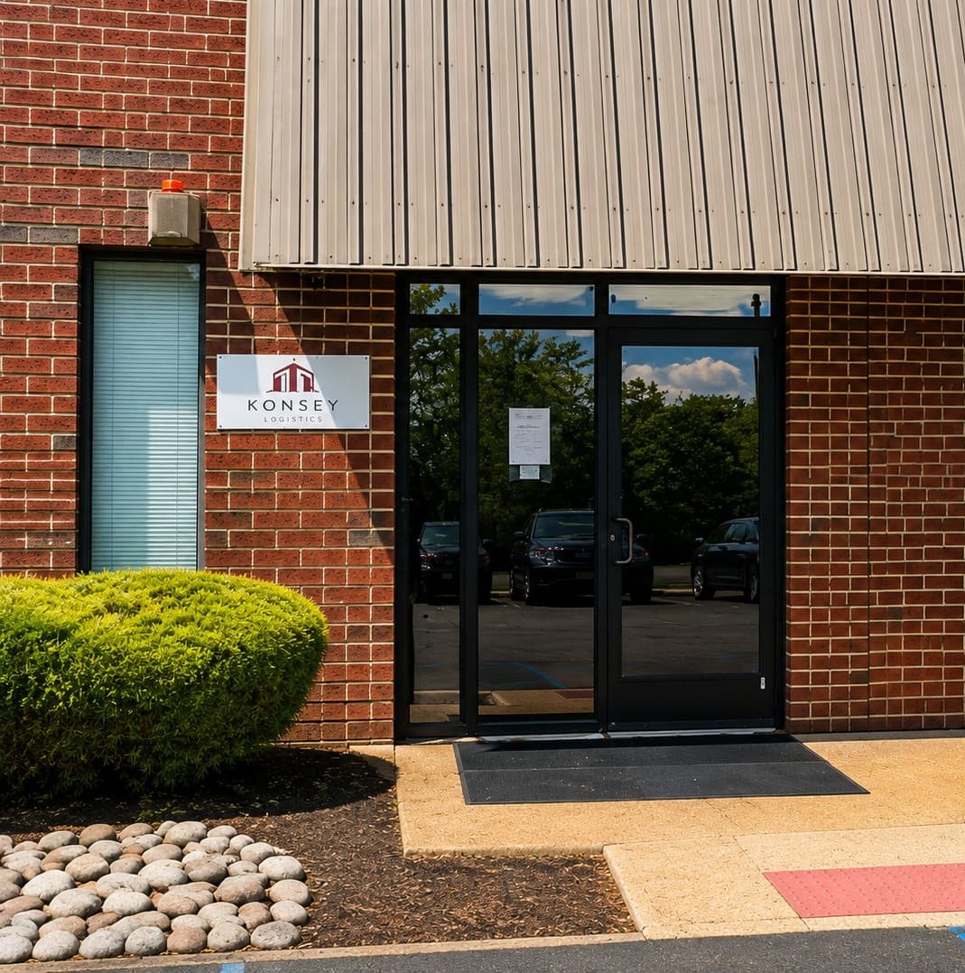 Konsey Logistics office entrance featuring brick walls, glass doors, and a small green bush.