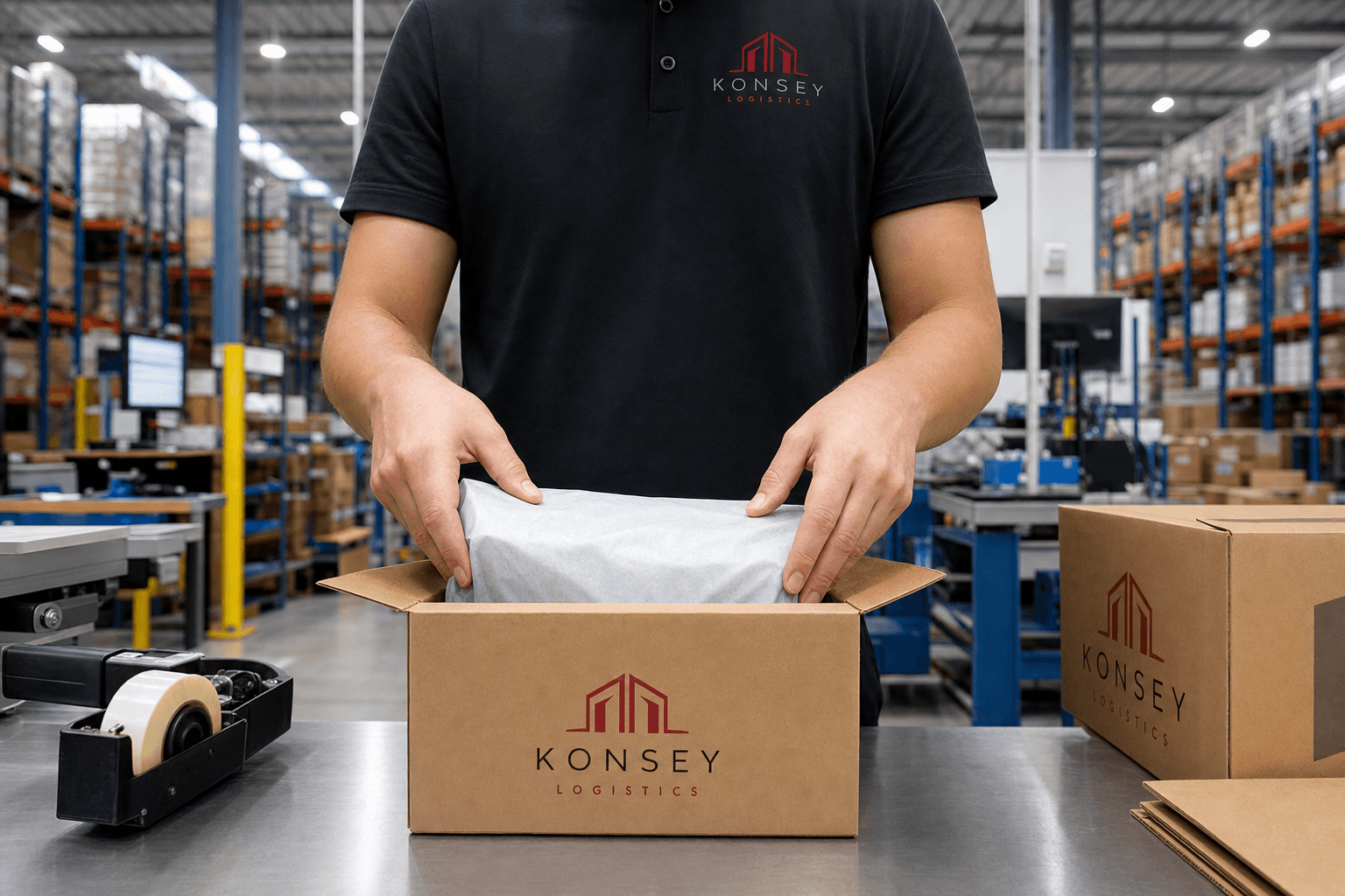 Hand packing an item into a box on a workbench