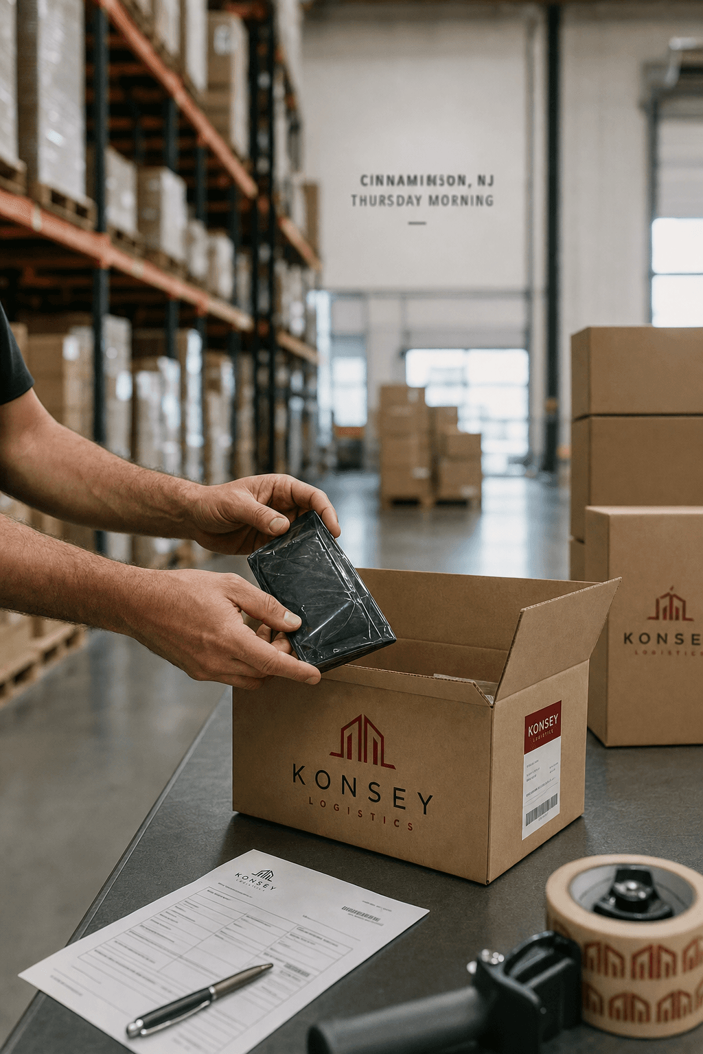 A packing station in the Konsey Logistics warehouse with hands carefully inspecting a product before shipping, bathed in soft morning light with organized shelves in the background.