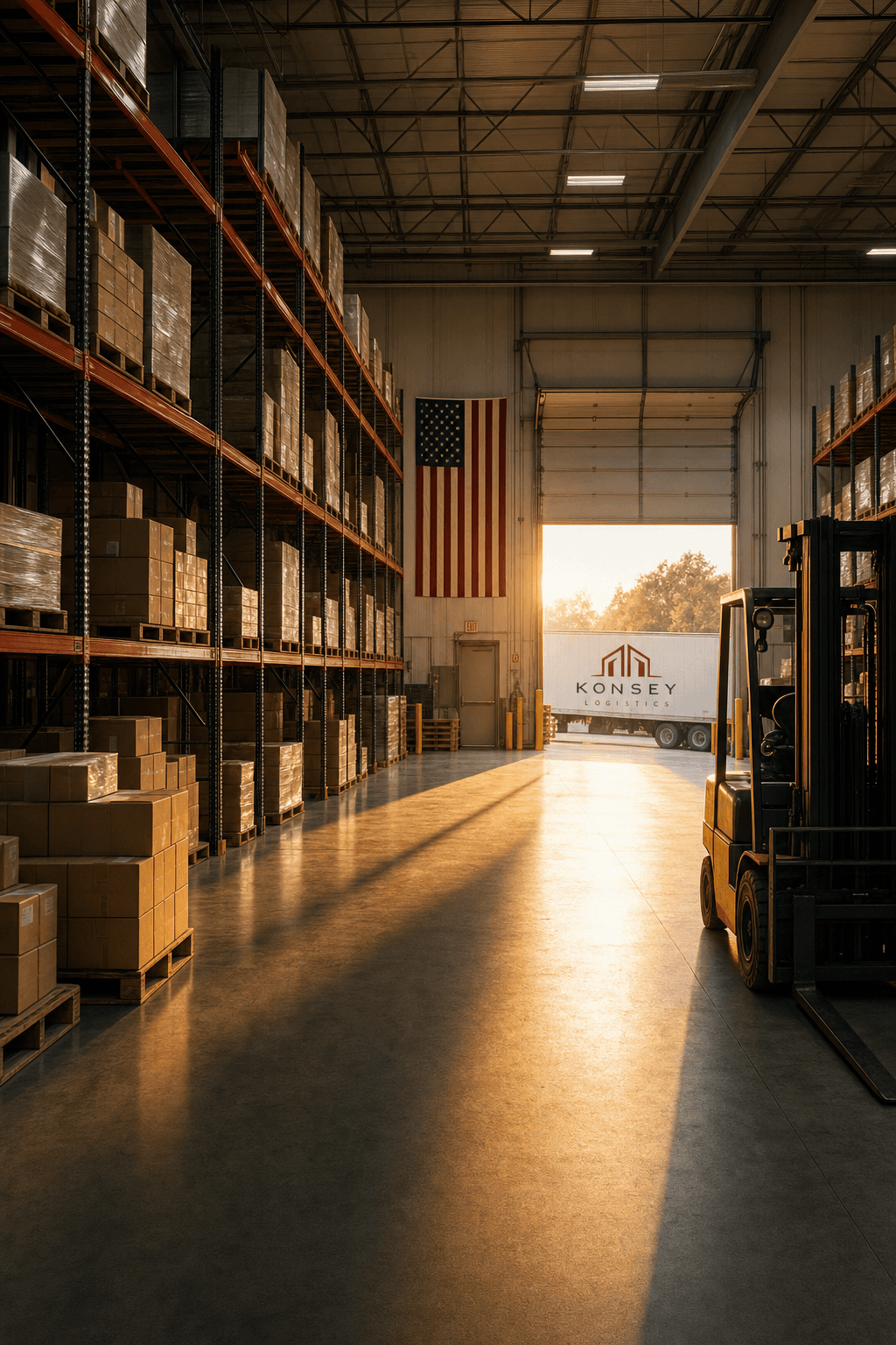 Quiet warehouse interior bathed in golden hour sunlight with American flag visible near dock area, reflecting calm professionalism before the holiday weekend