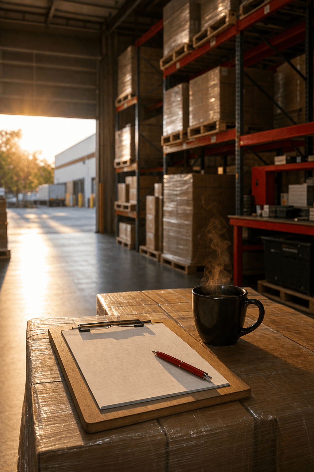 Golden hour light across a warehouse floor in Cinnaminson, clipboard and coffee resting on wrapped pallets, organized racking in the background