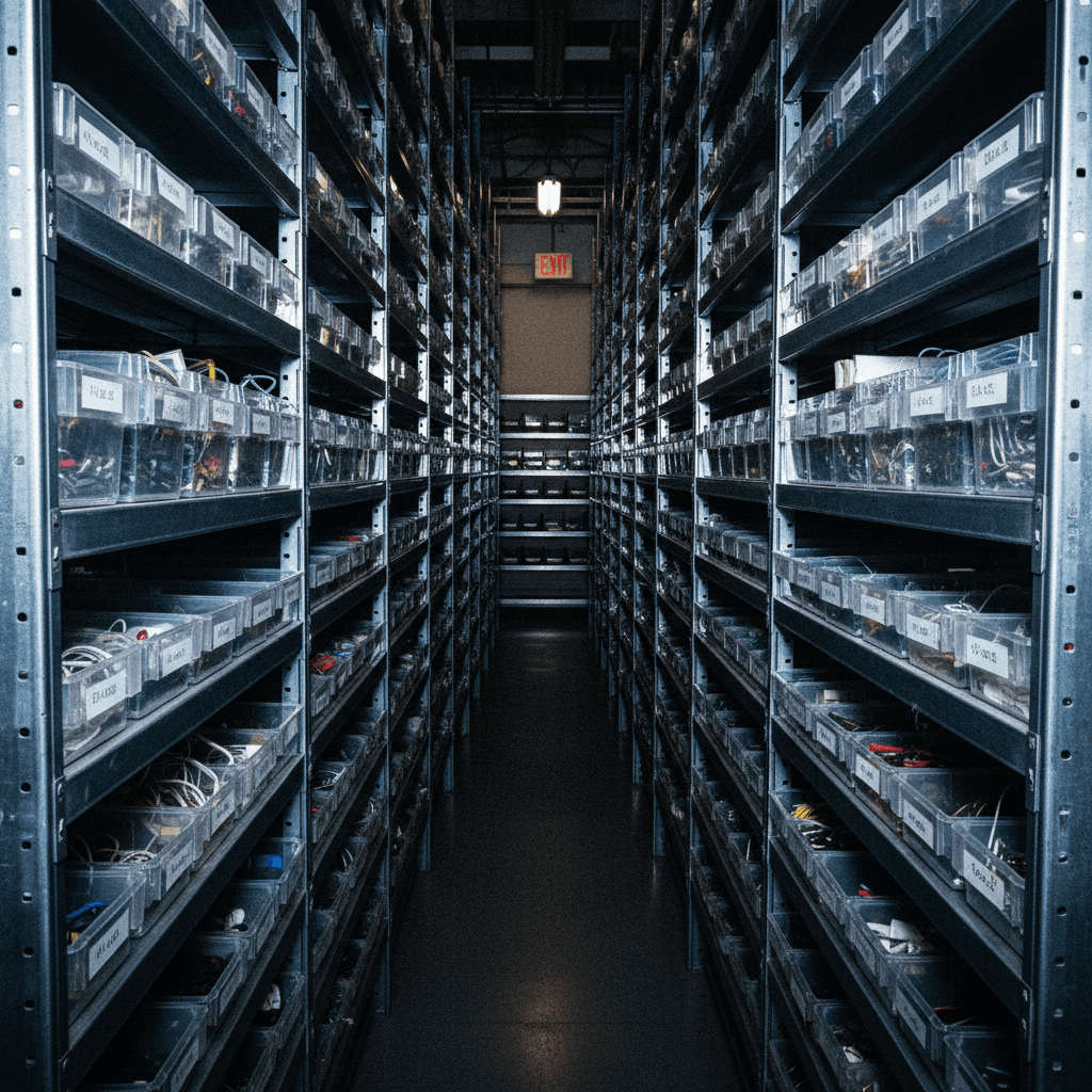 Neatly organized metal shelves with labeled plastic bins