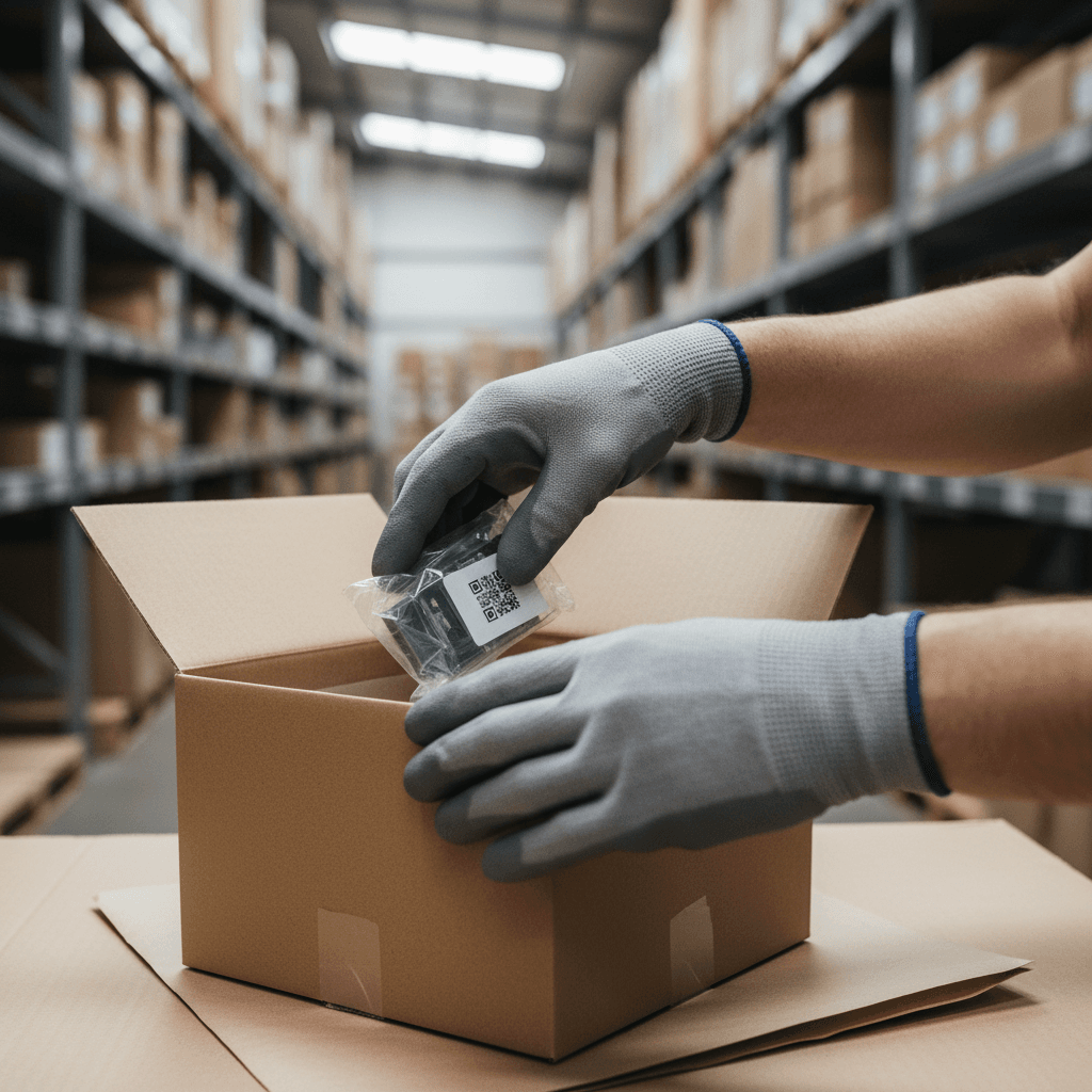 Worker placing a small item into a cardboard box