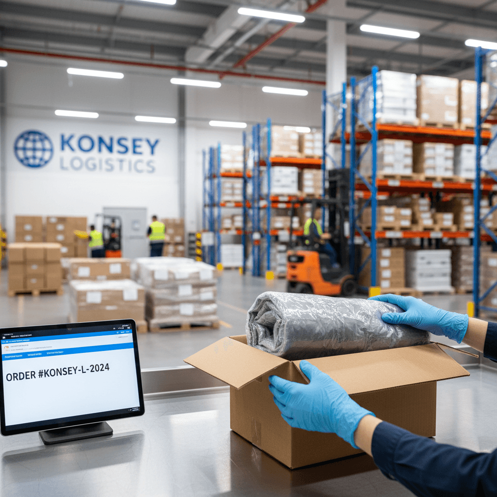Hands packing an item into a box on a workbench in a modern logistics warehouse.