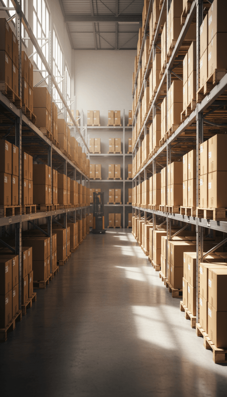 Organized pallet shelves in fulfillment warehouse