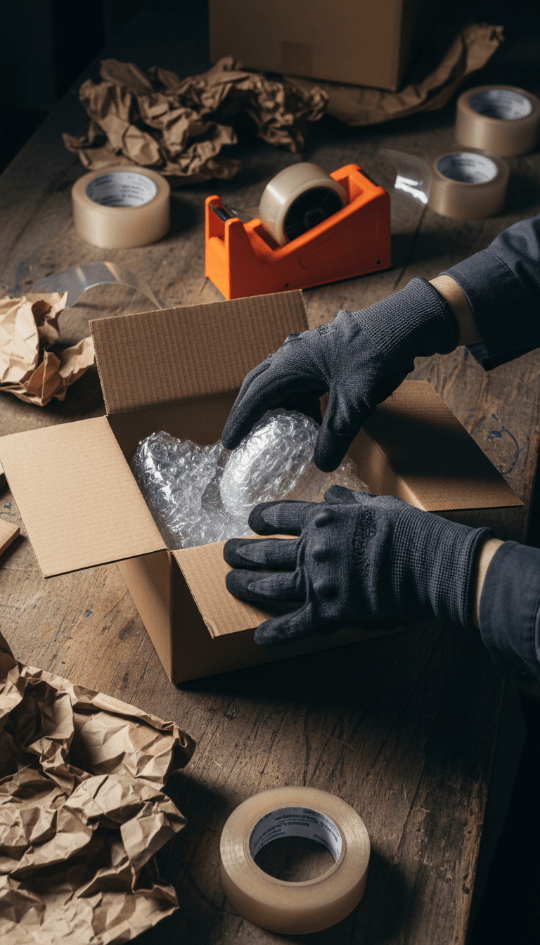 Hand packing an item into a box on a workbench