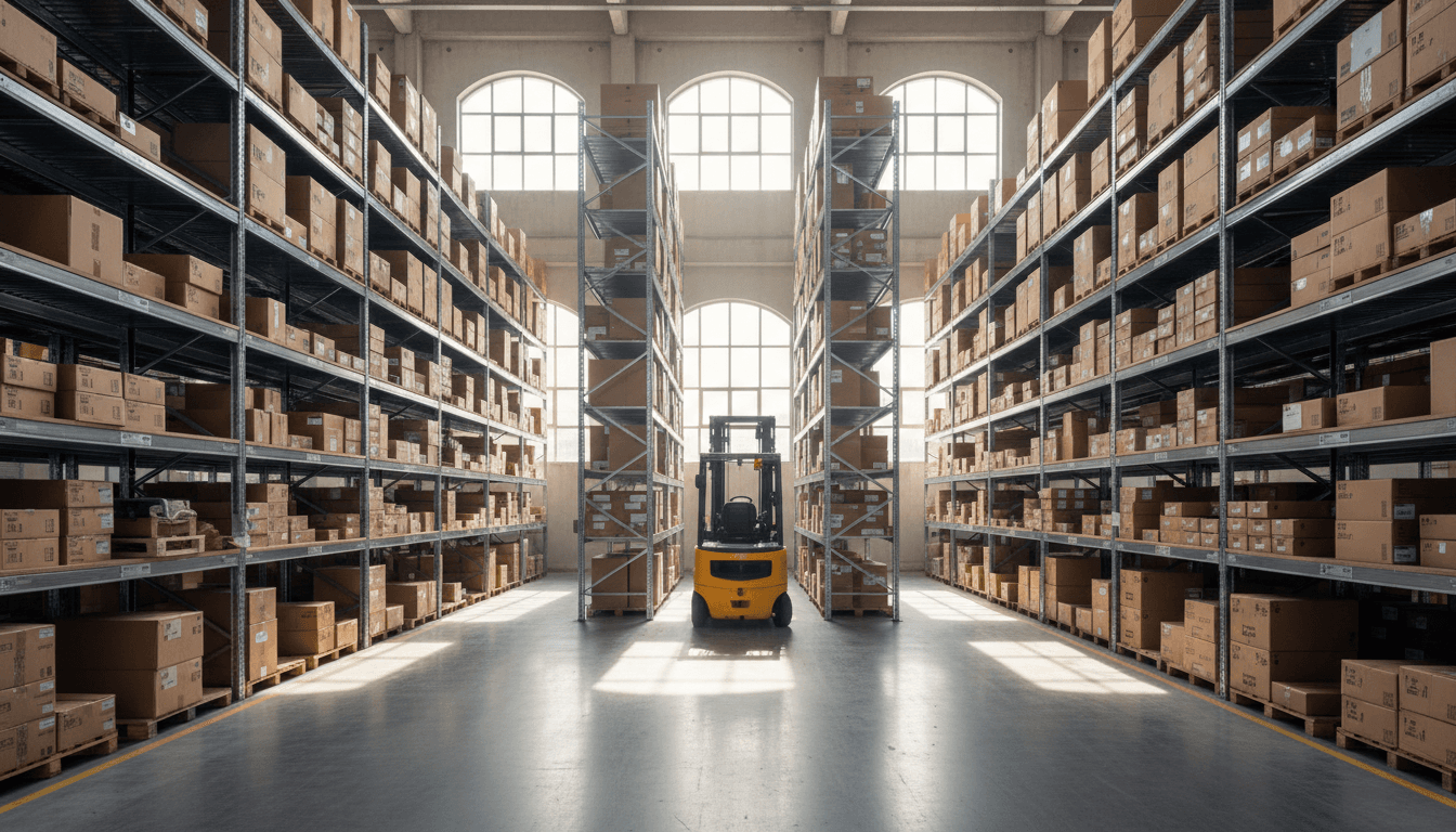 Inside a clean, organized warehouse with pallet racks and stacked boxes
