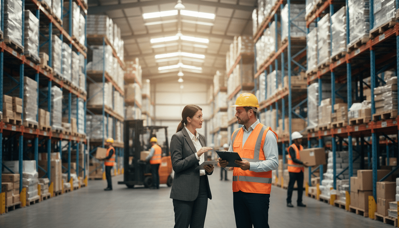 Logistics manager discussing warehouse plans with a client in a fulfillment center