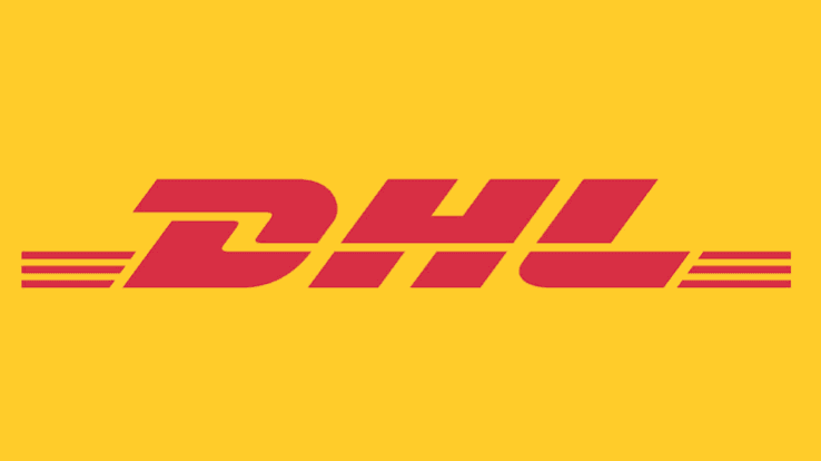 Red DHL logo with three horizontal lines on each side against a yellow background.